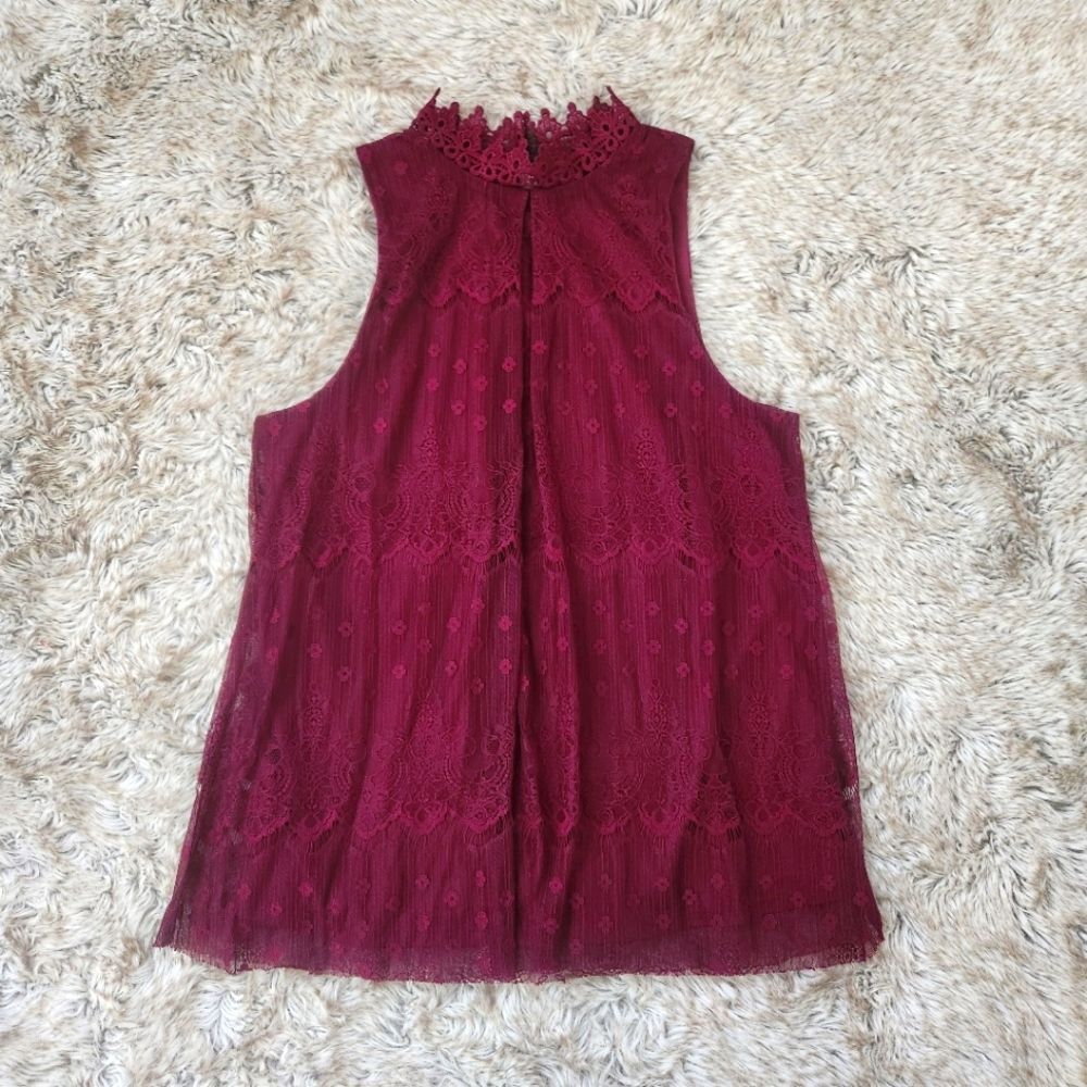 BCX Mock Neck Fully Lined Lace Tank Top Dark Red Size Medium